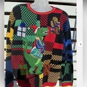 Holiday Time T-Rex Dinosaur Checkered Sequin Present Christmas Sweater S